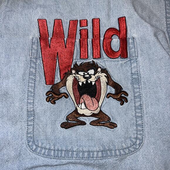 Vintage Warner Bros Button Up Taz WILD Denim Long Sleeve Shirt Mens Size Medium - Picture 3 of 10
